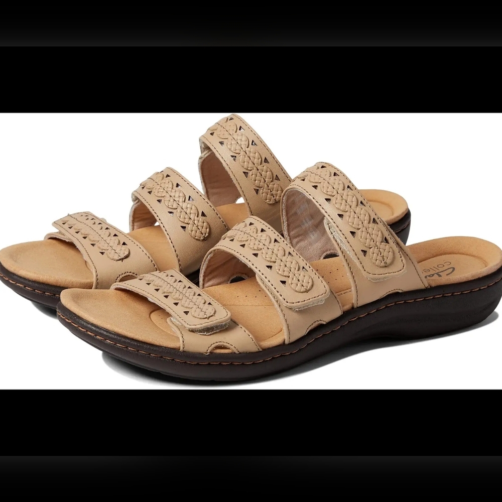 New Clarks Womens Laurieann Cove Beige Solid‎ Manmade Slide Sandals Shoes 8.5